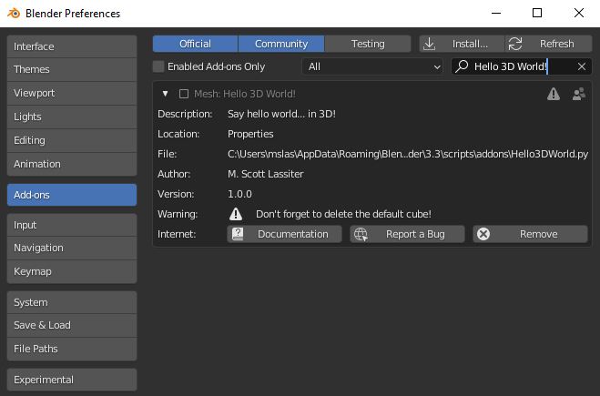 Blender addon preferences showing the Hello 3D World addon information, but not yet enabled