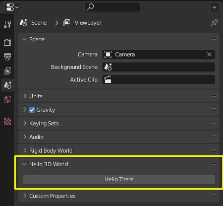 The custom drop down in Blender properties now displays a button that says "Hello There"