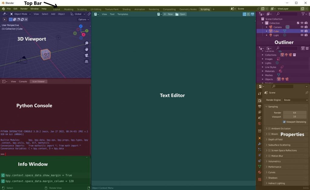 Blender with the scripting workspace opened