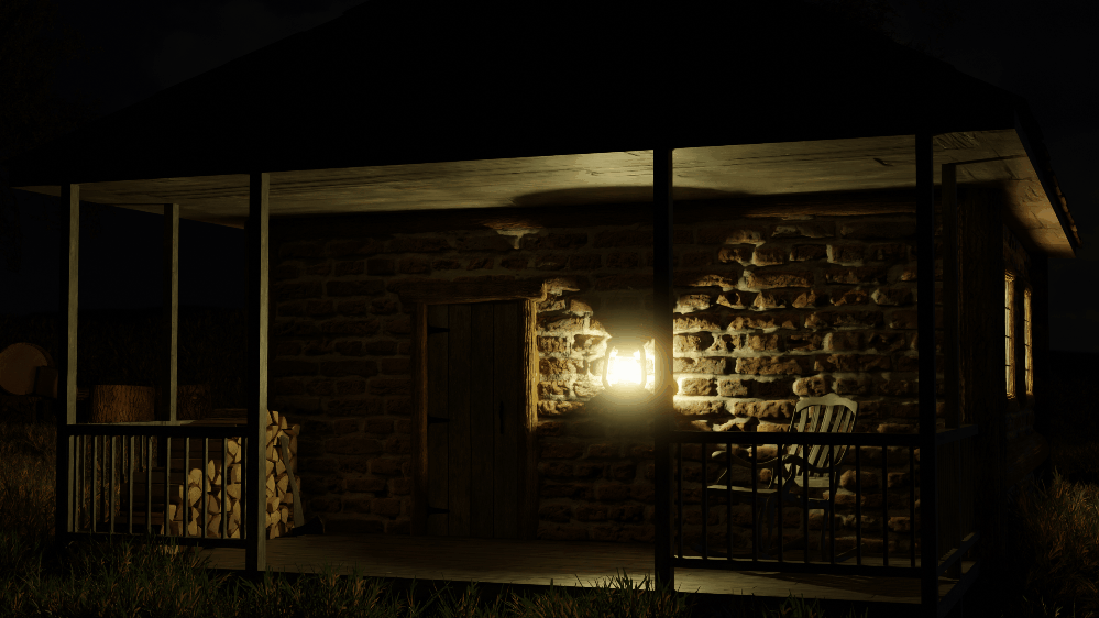 The front porch of the cabin is lit up by the lantern. It's flickering light moves slightly to provide life to the animation.