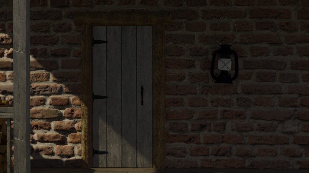 The cabin front door. It has three metal hinges, and a door handle. On the brick wall hangs the oil lantern.