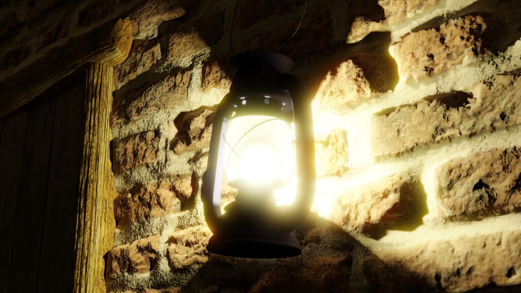 The lantern up close. It is illuminating the brick wall behind it.