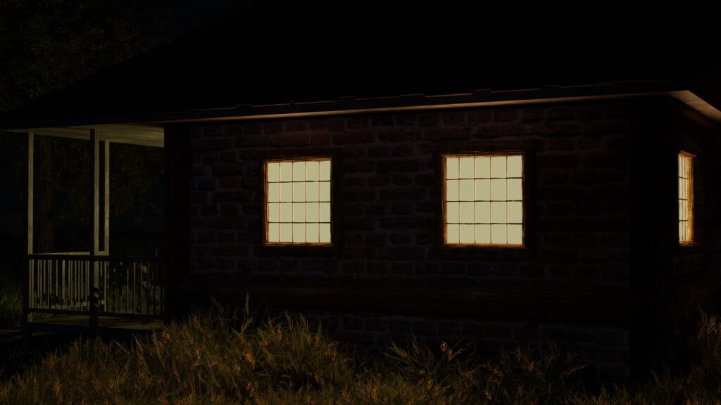 The cabins windows lit up at night using a combination of plane lights and emission shaders