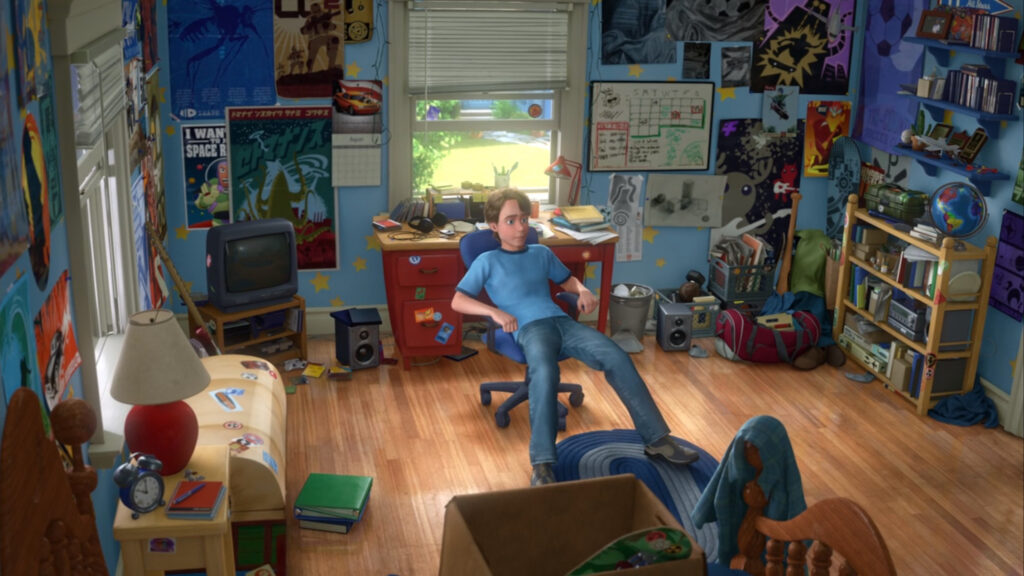 Teenage Andy's room (Toy Story 3) tells us a lot about him using only the environment he has kept himself in.