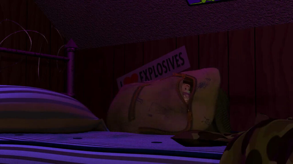 Sid's room with an "I heart explosives" sticker.