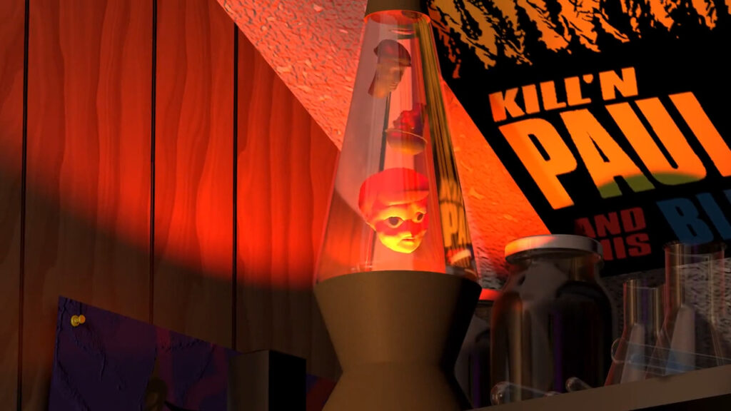 A lava lamp with toy heads.