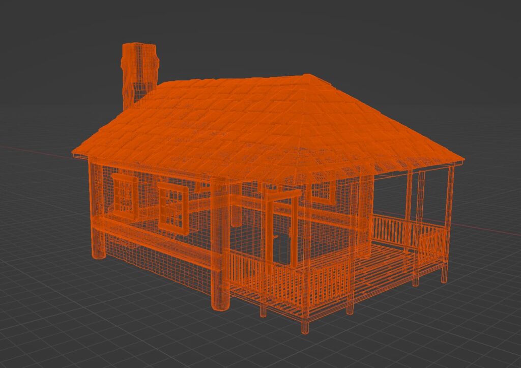 A 3D wireframe model of a cabin.