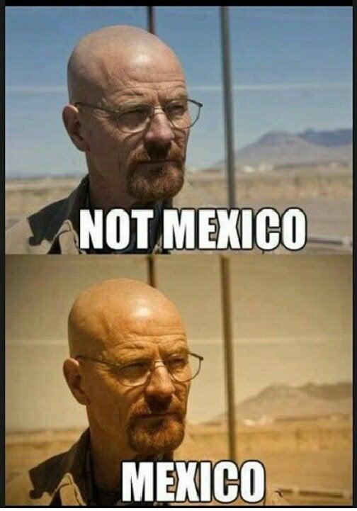 A meme showing the sepia tone color choices in the cinematography of breaking bad. The top image has no filter, the bottom has the sepia tone filter we associate with Mexico.